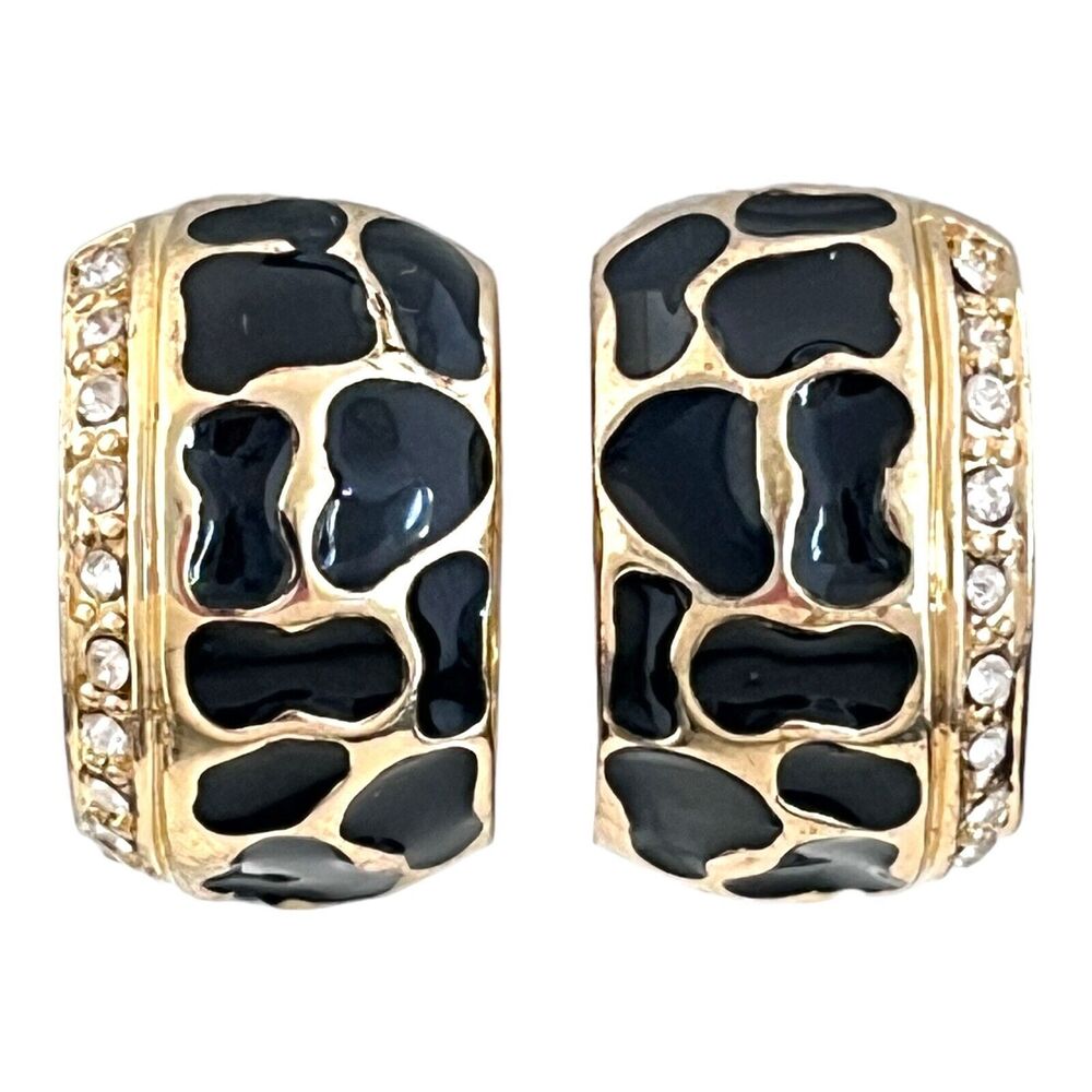 Vintage 1980s Gold Tone Clip Earrings Animal Print Enamel Crystal - 1N